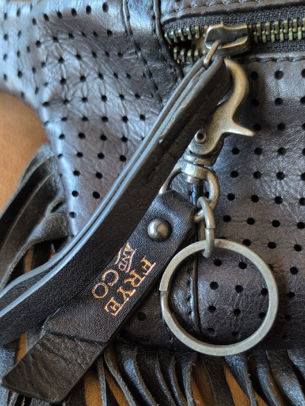 FRYE AND CO. Black Perforated Leather Crossbody Belt Bag with Keyring and Fringe - Picture 2 of 8